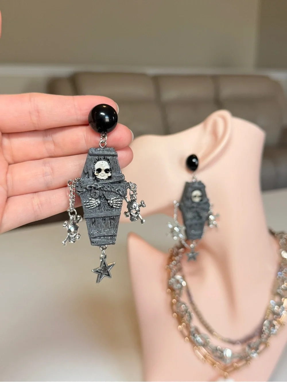 Black Gothic Coffin & Skull Drop Earrings